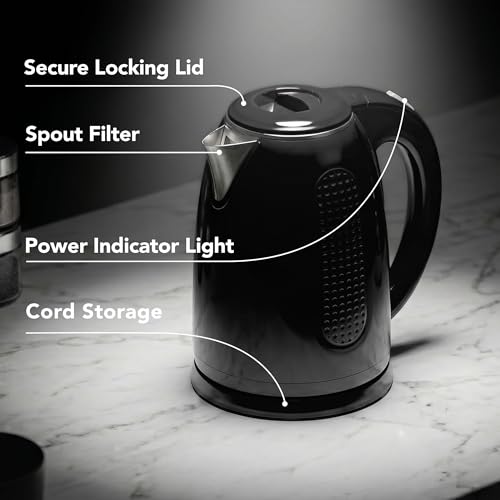 Image of OVENTE 1.7L Double Wall Electric Tea Kettle, 1100W Power, Black KD64B | Water Boiler with Cool-Touch Exterior, Stainless Steel Interior, Auto Shut-Off, Boil-Dry Protection & Locking Lid, Easy Clean