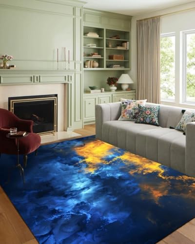 Contemporary Navy Blue and Gold Rug for Living Room Abstract