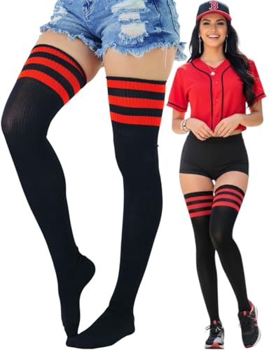Image of ToBeInStyle Women's Heavyweight Knit Thigh High Long Socks w /Contrast 3 Stripe Top Band