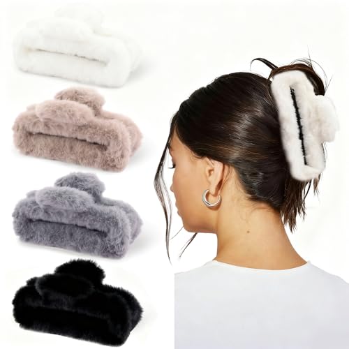 Ahoney 4Pack Fuzzy Hair Claw Clip for Women 5inch Extra Large Big Hair Clips for Thick Long Hair Strong Hold Non-slip Banana Jumbo Jaw Clips - Black/Grey/White/Brown