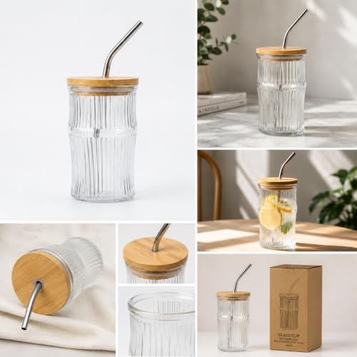 Image of Reusable Glass Coffee Sipper Mugs with Lid & Straw Multipurpose Drinking Glasses Tumbler for Juice Smoothies Iced Tea Home & Travel (Dark Greeen)