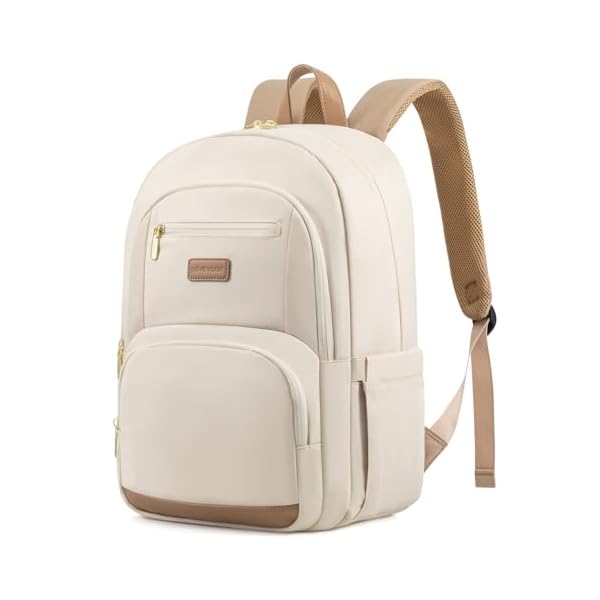 LOVEVOOK Travel Laptop Backpack for Women, Waterproof Work Backpack Fits 15.6 Inch Laptop, Large Computer Backpack for College, Beige