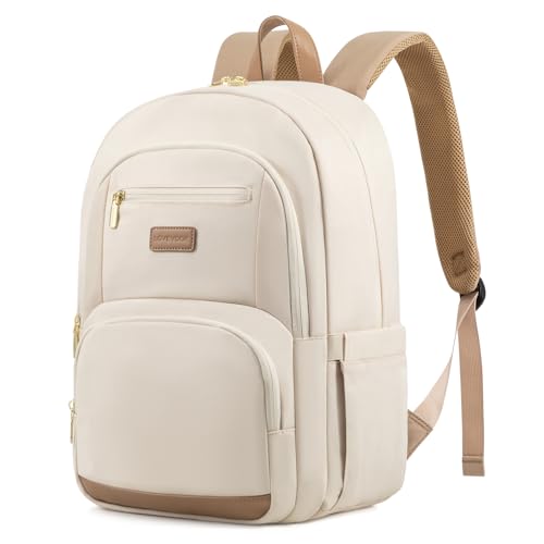 LOVEVOOK Travel Laptop Backpack for Women, Waterproof Work Backpack Fits 15.6 Inch Laptop, Large Computer Backpack for College, Beige
