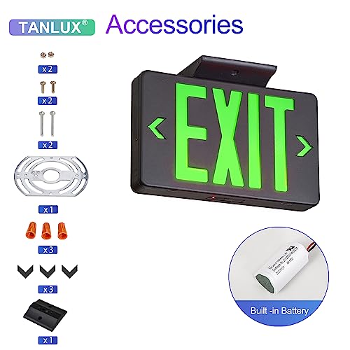 TANLUX Green Exit Sign with Black Housing, LED Emergency Exit Light with Battery Backup, UL Listed, Hardwired Exit Signs with Emergency Lights, Commercial Emergency Lights for Business - 2 Pack