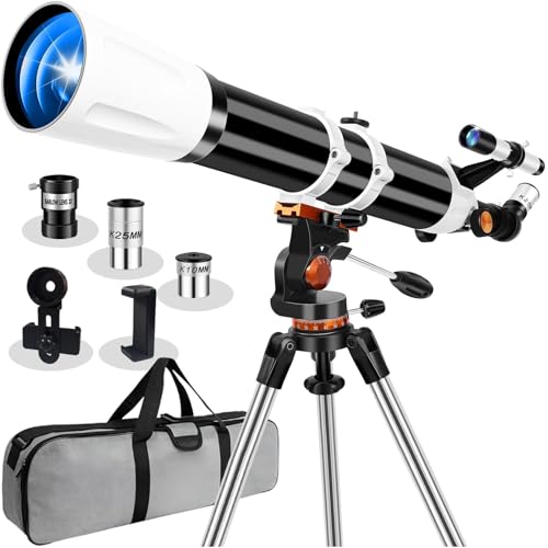 Image of Telescope for Adults High Powered 90mm Aperture 800mm,Refractor Telescopes for Astronomy Beginners with AZ Mount Tripod,Phone Adapter,Carry Bag (80090black-white)