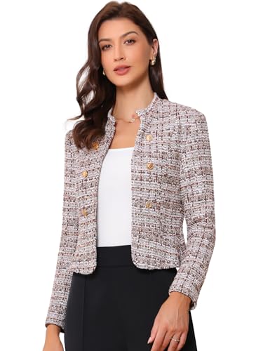 Allegra K Vintage Tweed Jackets for Women's Stand Collar Business Open Front Cropped Blazer Jacket X-Small Brown