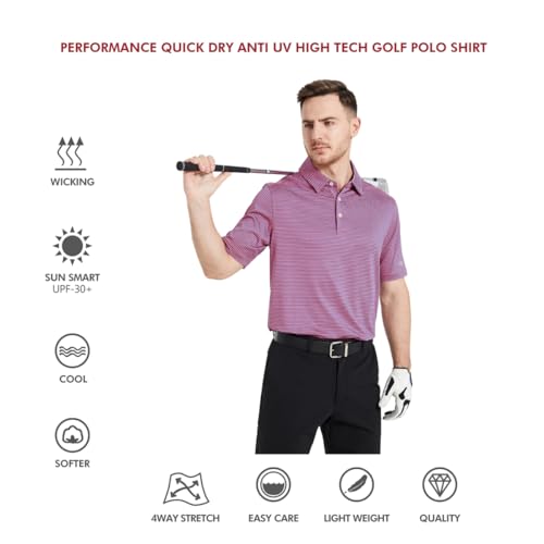 Image of Men's Golf Polo Shirts Short Sleeve Striped Performance Moisture Wicking Dry Fit Golf Shirts for Men