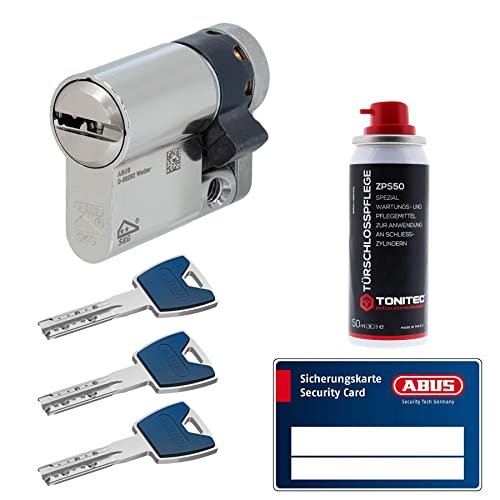 ToniTec Set aus ABUS Schließzylinder EC880 inkl. 3 Schlüssel modular verschiedenschließend Halbzylinder 10/70|Türzylinder Sicherheitsschloss mit Sicherungskarte und ToniTec Pflegespray