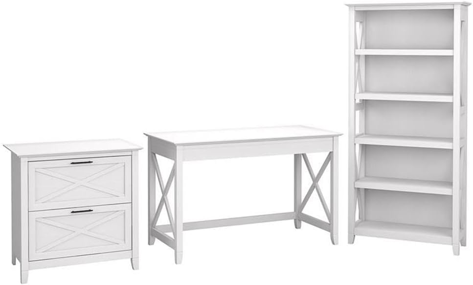 Pemberly Row Office Set, 48W Writing Desk, Lateral File Cabinet, 5 Shelf Bookcase, Post Leg Design, Durable Wood, Washed Gray/Bing Cherry/Pure White Oak Finish, Home Office Furniture for Storage and