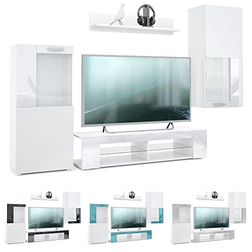 Vladon Wohnwand Movie, Anbauwand bestehend aus 1 TV-Board, 2 Vitrinen und 1 Regal, Weiß matt/Weiß matt/Beton Oxid-Optik (Gesamt: 300 x 190 x 39 cm) – Bild 6