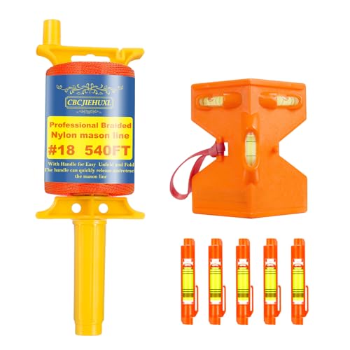 Orange Mason Line String with Post & Pipe Level & 5 Line Levels, #18 540 Feet Braided Construction Nylon Line,String Level Line Kit for Gardening Or Masonry Tools, Kite Twine String or DIY