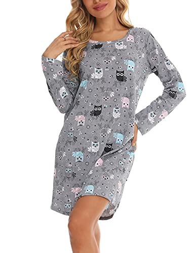 ENJOYNIGHT Camisón para mujer de manga larga de algodón camiseta de dormir con estampado para mujer, ropa de dormir, búho, L Cover