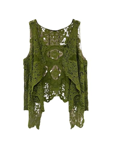 GORGLITTER Women's Crochet Western Vest Hollow Out Sleeveless Open Front Cardigans Knit Tank Tops