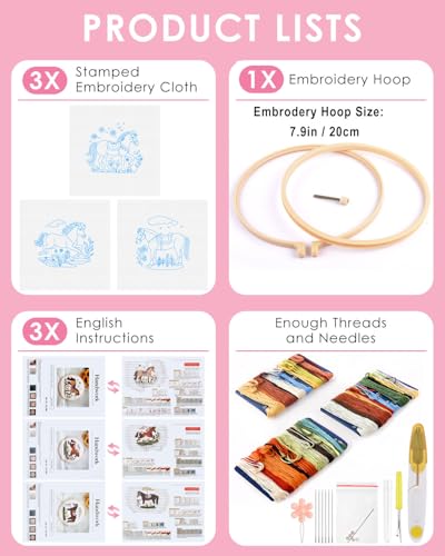 Image of TINDTOP Embroidery Kit for Adult, 3 Pack Embroidery DIY Starter Kit | with Stamped Patterns, Hoop, Tools, Colorful Threads with Needles, Instructions