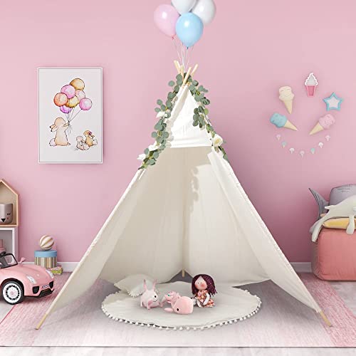 Betterhood 7' Large Teepee Tent For Adults, Play Tent With Carry Bag, 5 Sides Canvas Kids Teepee Tent Indoor & Outdoor Tents For Party, Wedding, Photo Prop, White #TOP2
