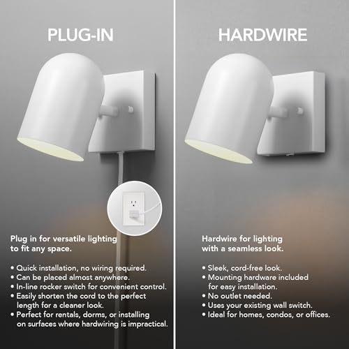 Image of Globe Electric 1-Light Matte White Plug-in or Hardwire Wall Sconce | Matte White, 6 Ft Braided Fabric Cord, Inline Rocker Switch, Bedside Wall Light, Renter-Friendly