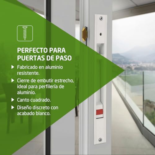 Miniatura 3 de Amig - Cierre De Embutir Para Ventanas Y Puertas Correderas De Aluminio - Cerradura De Gancho Para Empotrar - Medidas: 174 X 23 Mm - Color Blanco - Canto Cuadrado - Instalación Con Tornillos