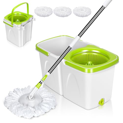 ZNM [新型開発] モップ 回転モップ バケツ付きセット 洗浄 脱水 長さ調節可能 手回し 床掃除 360度回転 業務・家庭用 フローリング掃除 ハンドルあり バケツ分解可能 利用簡単 取替クロスパッド3枚 (グリーン+ホワイト)