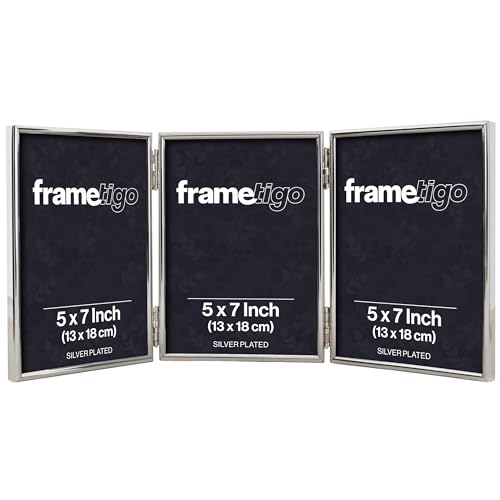 Frametigo - Silver Plated Thin Edge Triple Photo Frame, 5"x7" (13x18cm) Photo Size - Portrait Orientation - Velvet Frame Backing - Polished Edge Real Glass - Stylish Silver Frames - Tarnish Resistant