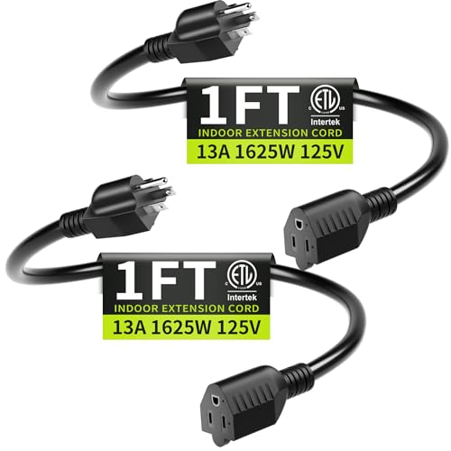 Short Extension Cord 1FT 2 Pack 16 AWG Black Power Cord Indoor for Laptops Coffee Makers Office Home Appliances 3 Prong Small Extension Cable Outlet Saver 13A 125V 1625W ETL Listed.