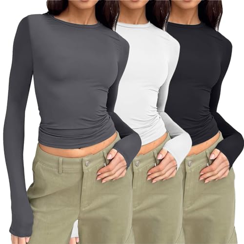 3PC Basic Long Sleeve Tops Women Y2k Basic Long Sleeve Top Slim Fitted Baby Tee Round Neck Dupe Crop Layering Slim Top Blouse Aesthetic Streetwear Ladies Going Out Tee Tops Grey