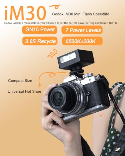 Ficha técnica Godox Flash de cámara iM30 mini flash Speedlite GN15 con 7 niveles de potencia de flash CCT 6000 K ± 200 K iM30 mini flash para Sony zv1 Sony zve10 Ricoh gr3 Nikon Fuji f1 Canon 230 flashes de deber - Fernando Cortés