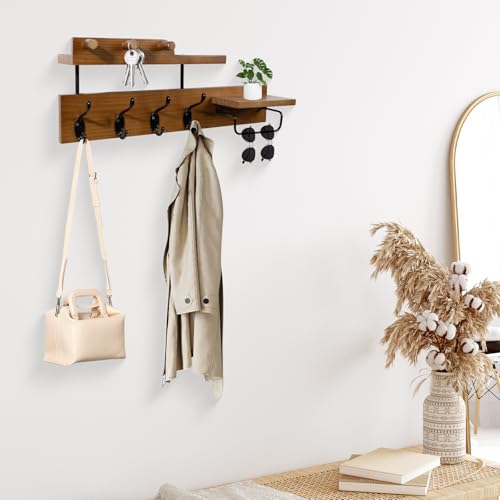 Lampaggio Perchero de pared con estante, ganchos de madera 4 en 1 con soporte para llaves y correo, estante colgante de entrada de 17 pulgadas con soporte para gafas de sol y 4 ganchos de metal para - imagen 4