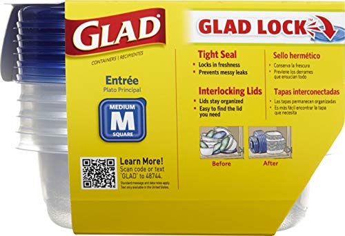 Glad Food Storage Containers for Everyday Use, Medium Square - Standard Meal Container Holds up to Twenty-Five Ounces, Blue, 25 oz - 5 Count