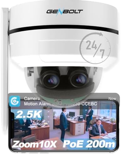 GENBOLT 2.5K PTZ WiFi Security Camera Indoor and Outdoor DC&POE,4MP Dual Lens Home Surveillance IP Camera CCTV 10X Hybrid Zoom, IK10 Vandalproof, IP66 Waterproof,Pan Tilt Auto Tracking