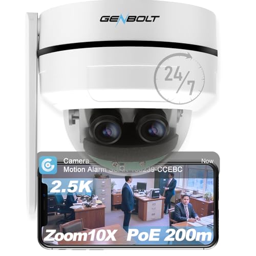 GENBOLT 2.5k PTZ Cámara de Seguridad WiFi DC & PoE en Interiores y al Aire Libre, 4MP Dual Lens Vigilancia Home Camera IP CCTV 10x Hybrid Zoom, IK10 Vandal a Prueba