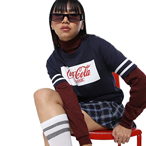 Image of Bewakoof Women Coca cola Block Printed Half Sleeve /Doctor Sleeve Round Neck /high T-Shirt
