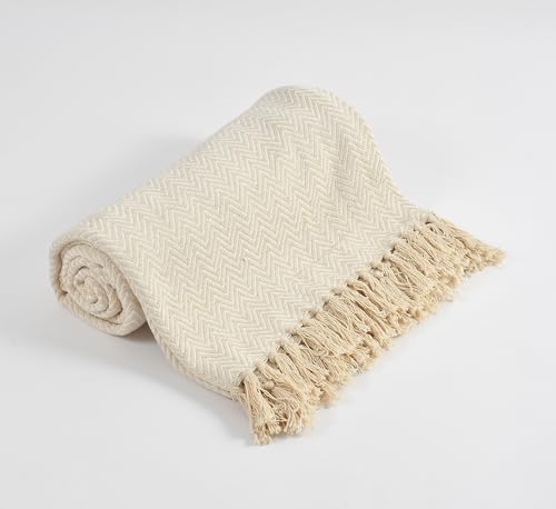 SASHAA WORLD Chevron Cotton Sofa Throw with Tassels | Soft & Durable Blanket | Throw for Chair, Living Room, Badroom, Sofa | Beige & Natural -130x160 cm