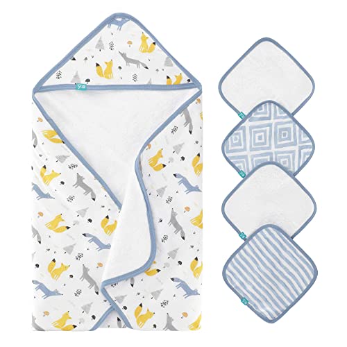 Image of Featherhead™ 5-Piece 100% Cotton Muslin Hooded Bath Towel & Washcloths Set for Baby Boy - Ultra Soft and Extra Absorbent - Newborn Essential & Perfect Baby Registry Gift (Blue Foxes)