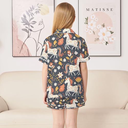ALAZA Unicorn Flower Floral Blue Pajamas Satin Pajama Set Short Sleeve Button Down Sleepwear4