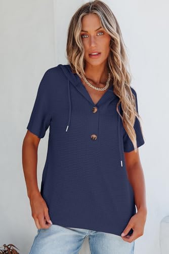 Image of Dokotoo Womens Summer Tops Waffle Knit Short Sleeve Lightweight Drawstring Hoodies Button V Neck Casual Blouses Shirts