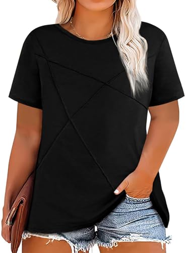 Fisoew Womens Plus Size Short Sleeve T Shirts Summer Casual Loose Fit Tees Crew Neck Curvy Tunic Tops