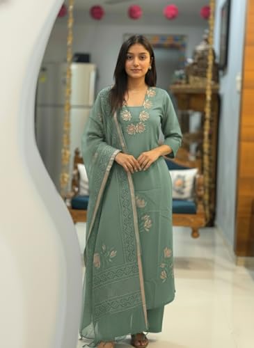 Image of ANNI Designer Women's Rayon Viscose Straight Printed Embroidered Kurta with Pant & Dupatta | Ethnic Kurta Set for Women | Daily, Office & Festive Traditional
