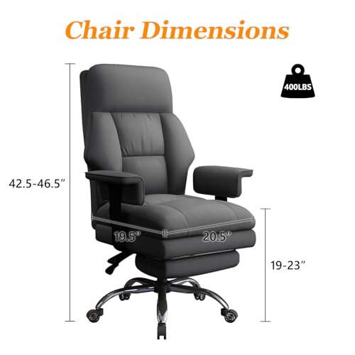 Image of Office Chair with Leg Rest, Leather High Back Executive Office Chair with Wheels, Ergonomic Desk Chairs with Lumbar Support for Home Office, Gray