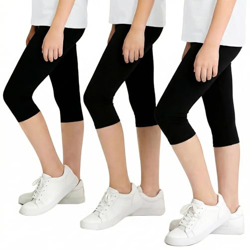 JinBei Dziewczęce legginsy Capri bawełniane spodnie na lato, wygodne, miękkie, 3-pak, spodnie sportowe, oddychające, jednokolorowe, spodnie do jazdy na rowerze, spodenki sportowe dla dzieci w wieku 6