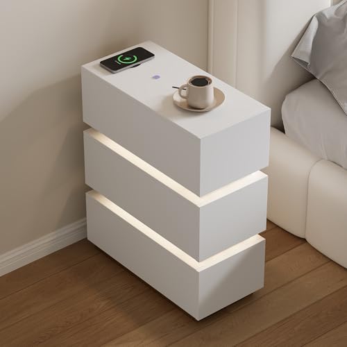 Homary Table de Chevet Etroite avec LED et Recharge sans Fil, Lumio Table de Nuit Connectée à 3...