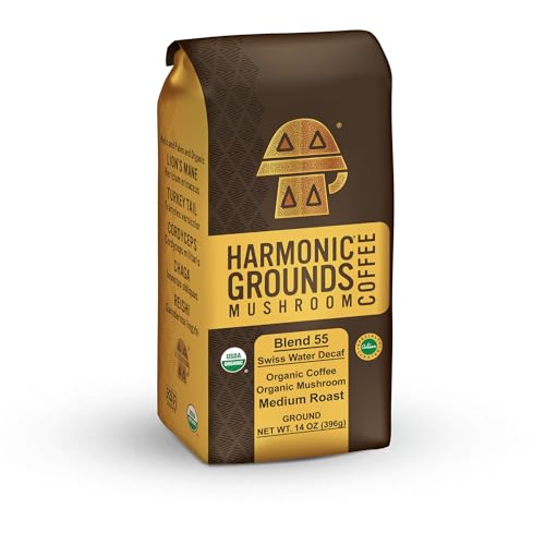Harmonic Grounds Swiss Water Decaf | Organic Medium Roast Ground Coffee with Functional Mushrooms | Lion’s Mane, Reishi, Chaga, Cordyceps, Turkey Tail | Fruiting Body Only | No Caffeine | 14 oz