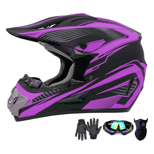 Motocross Helmet,Youth & Adult ATV Dirt Bike Motorcycle Helmet, Kids BMX 4-Wheeler Off-Road Mountain Bike Helmet,DOT Certified,W/Gloves Goggles Mask 4-Piece Set (Purple, X-Large)