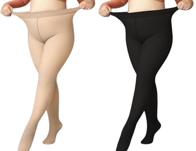 shaperx Fleece Lined Tights Women High Waisted Winter Warm Womens Thick Tights Thermal Fake Translucent Pantyhose Plus Size Pack of 2 (Black & Skin)-picture-47