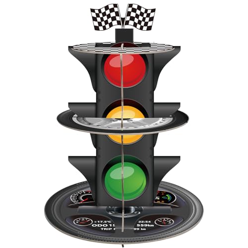 3-Tier Race Car Theme Cupcake Stand Racing Birthday Party Decoration Round Cardboard Cupcake Stand for Cars Birthday Decorations Race Car Party Supplies
