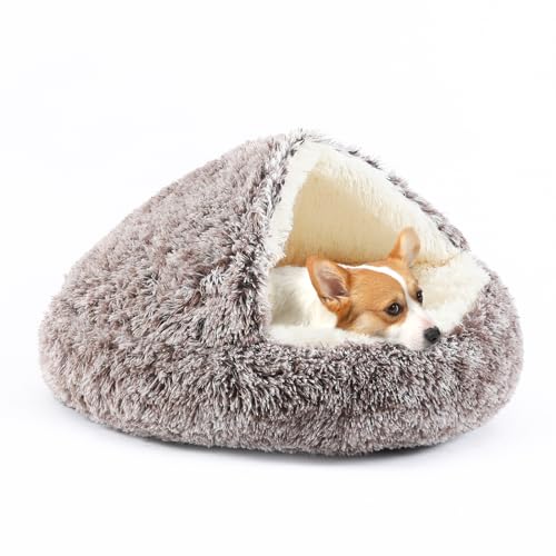 KITTYWOO Dog Bed Round Hooded Plush Cat Cave Self Warming Pet Bed Donut Anti Anxiety Fluffy Pet Bed for Puppy and Kitty