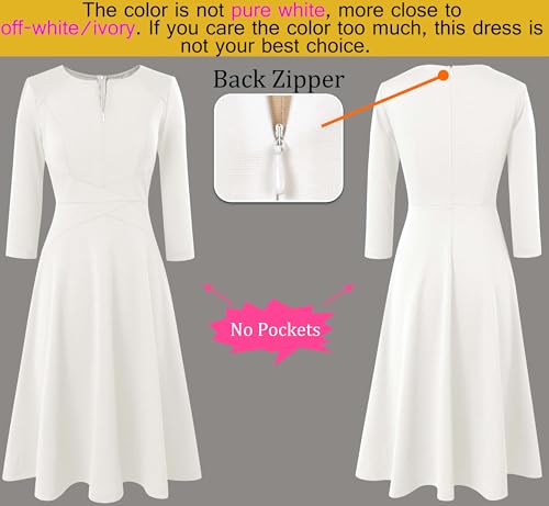 Image of VFSHOW Womens Work Business Front Zipper A-Line Dresses 3 /4 Sleeve Office Church Fit and Flare Skater Swing Knee Length Dress