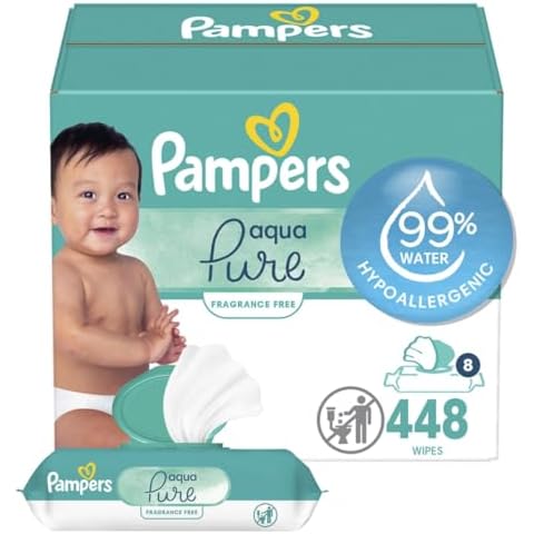 Pampers Aqua Pure Sensitive Baby Wipes, 99% Water, Hypoallergenic, Unscented Baby Wipes, 448 Baby Wipes Total (8 Flip-Top Packs) Cover