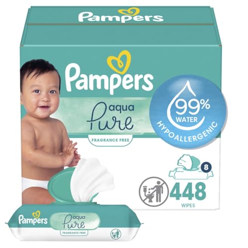Image of Pampers Aqua Pure Sensitive Baby Wipes, 99% Water, Hypoallergenic, Unscented Baby Wipes, 448 Baby Wipes Total (8 Flip-Top Packs)