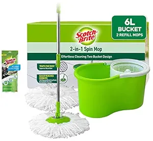 Scotch-Brite 2-in-1 Bucket Spin Mop (Green, 2 Refills) & Kitchen Fabric Scrub Cloth (Pack of 1)(Colour May Vary) (Green/Purple) Combo