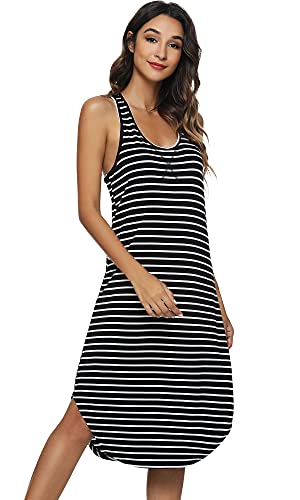 Wiwi Soft Bamboo Nightgowns For Women Sleeveless Racerback Pajamas Chemise Nightgown Plus Size Sleepshirts S-4X, Black White Stripe, 4X #TOP4